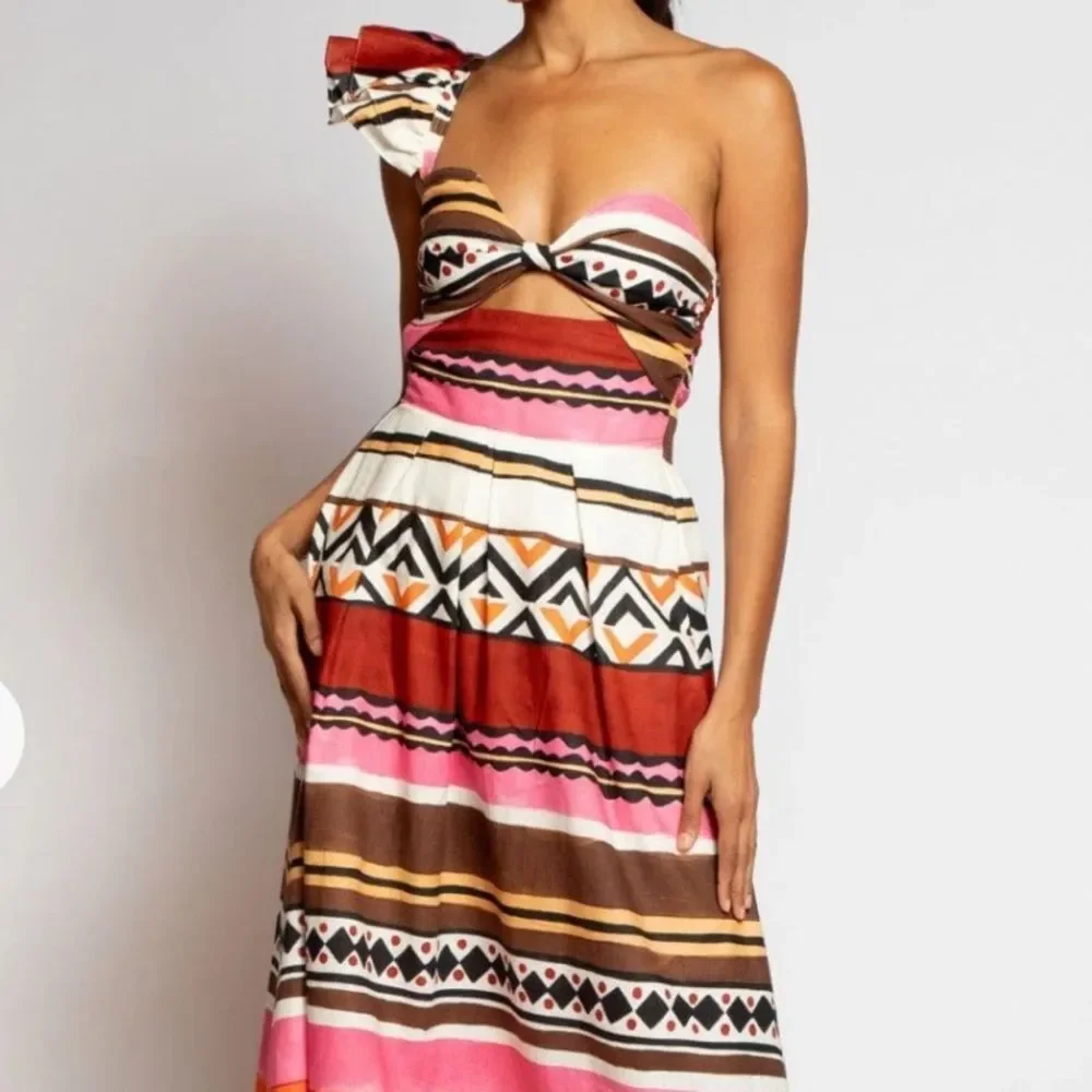 Eva Franco Dress One Shoulder Pleated Tulum Stripe Linen Tribal Ethnic 4 NWT